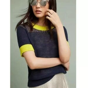 Moth for Anthropologie - Navy Mesh Knit Sweater w/Neon Yellow Detail - Size M